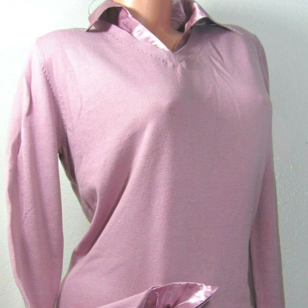 Purple Long Sleeve Pull over Long sleeve v neck Knit Blouse top shirt Sz L